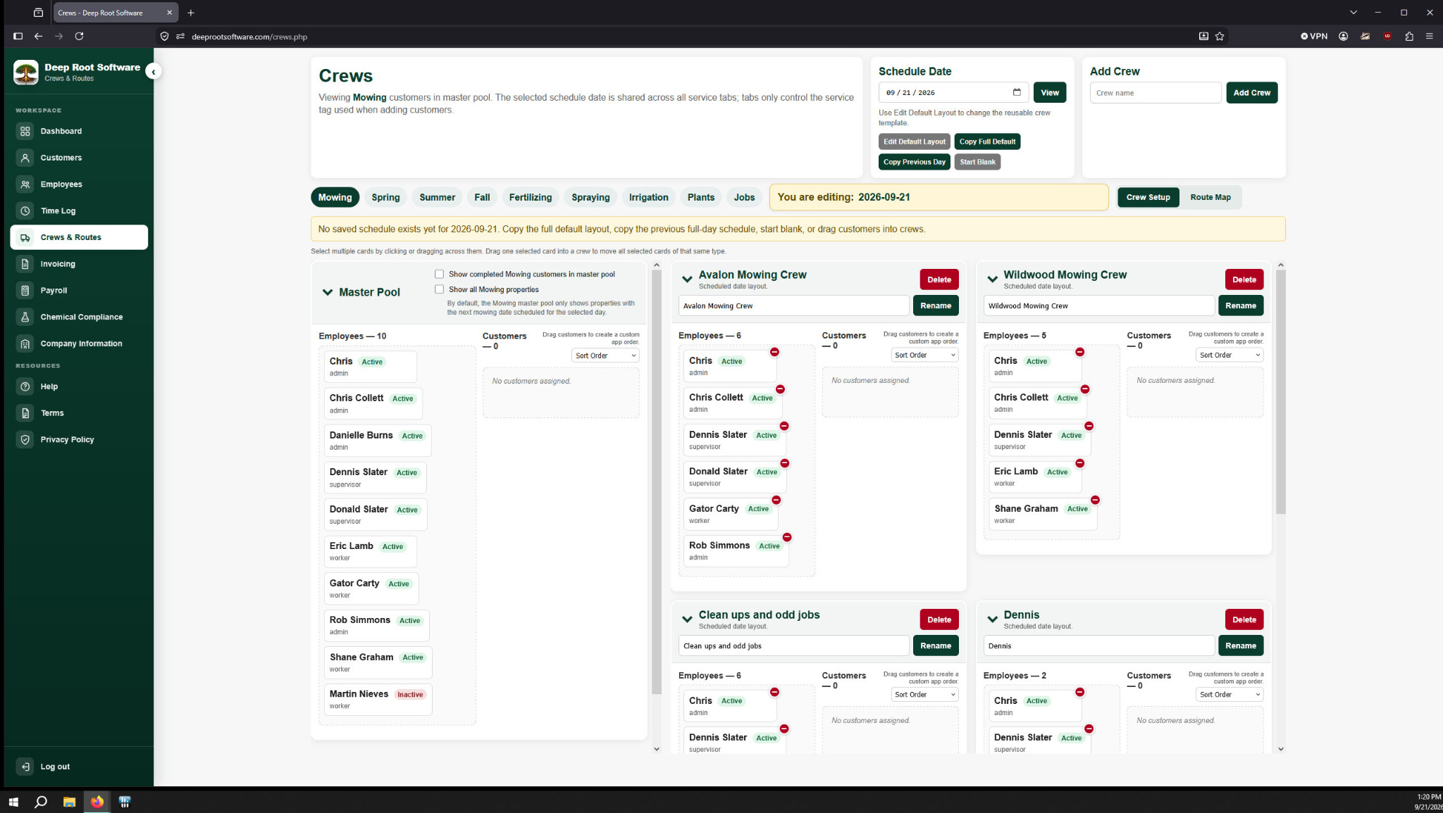 Deep Root desktop Crews and Routes screen