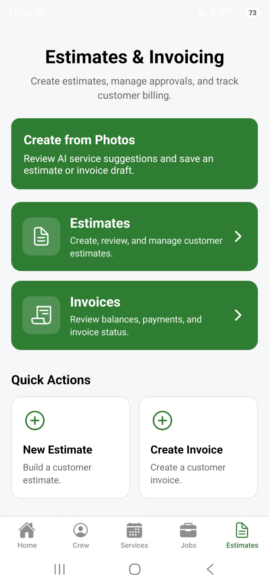 Deep Root mobile Estimates and Invoicing screen with Create from Photos